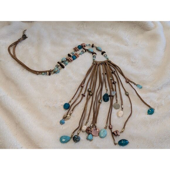 Boho Turquoise Rhinestone Fringe Statement Necklace Western Bib Tassel - Picture 2 of 7